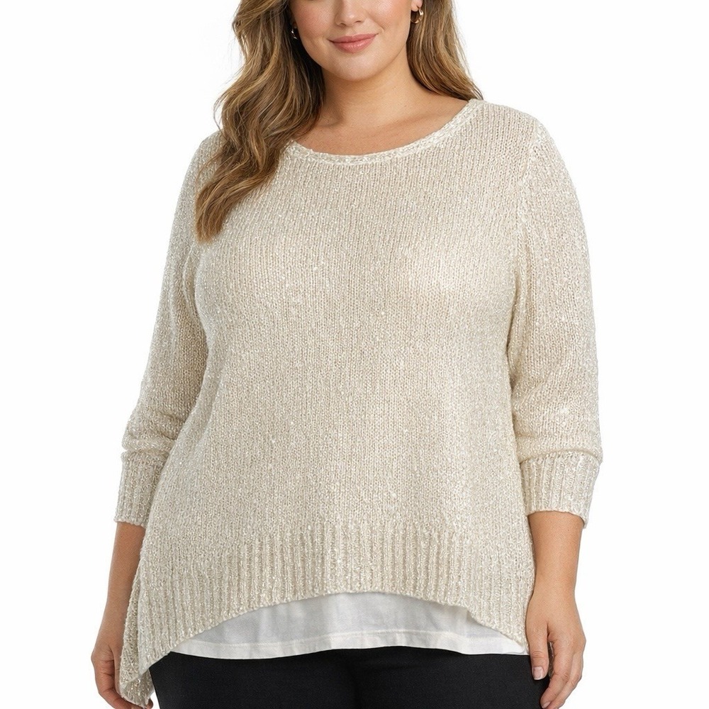 Chelsea & Theodore Layered Sequin Knit Sweater Sz 1X White Curved Elevated Basic